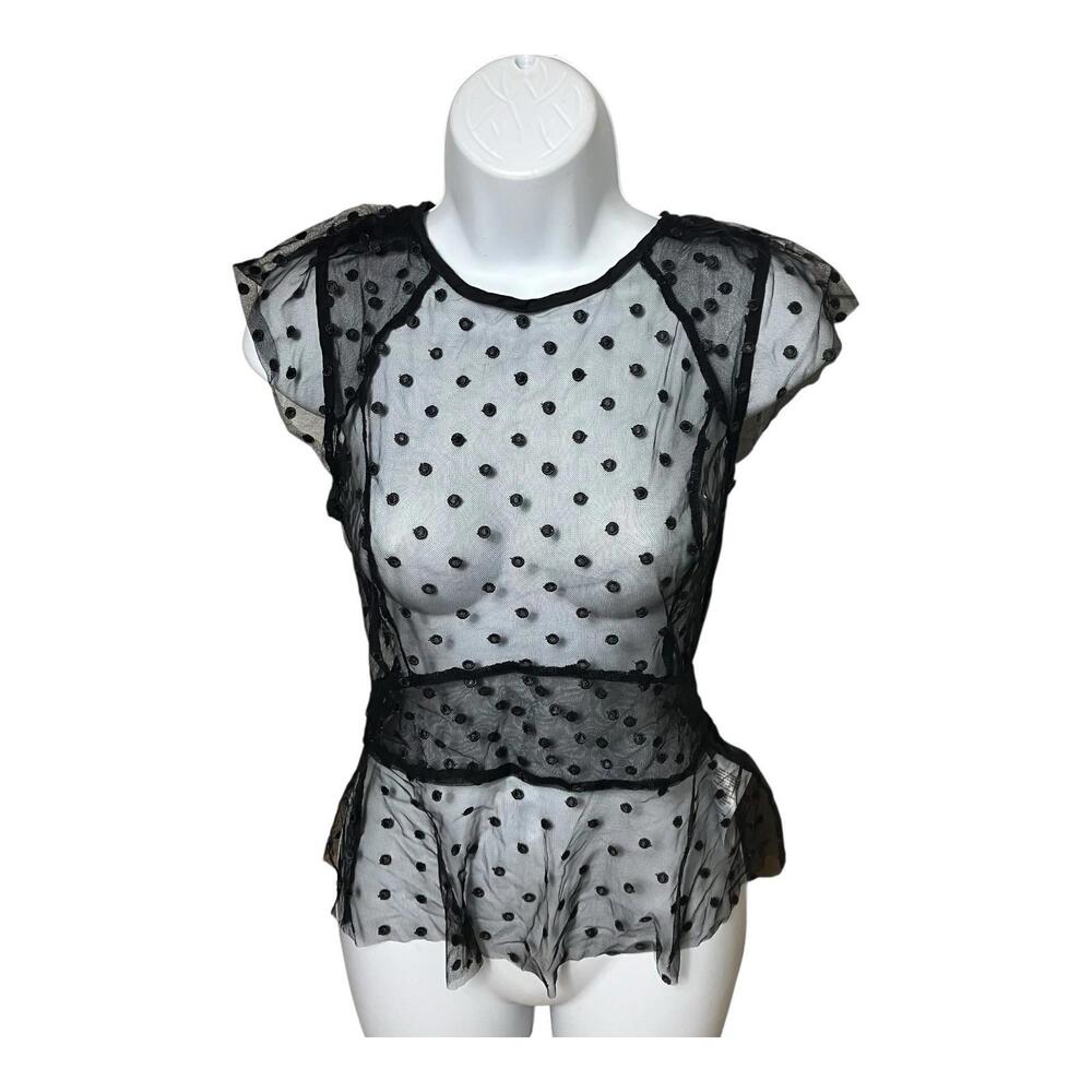 J Crew Blouse‎ Womens Black Cap Sleeve Top Dotted Tulle Sheer Polka Dot Size 00